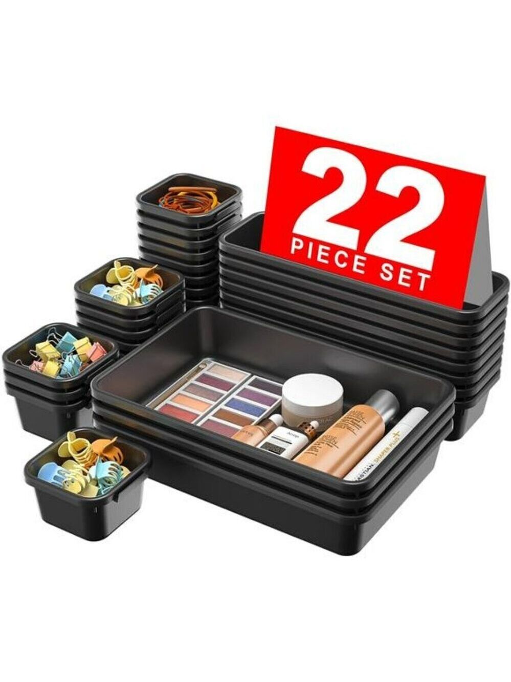 22 Piece Black Plastic Drawer Organizer Set for Makeup Office Bathroom Storage